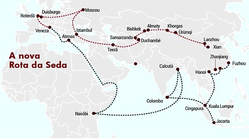 Traçado da nova rota da seda; Na imagem ainda não há o caminho que levará até a América Latina