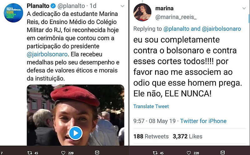 Marina Reis protestou nas redes ao ter sua imagem veiculada pelas redes sociais do Palácio do Planalto