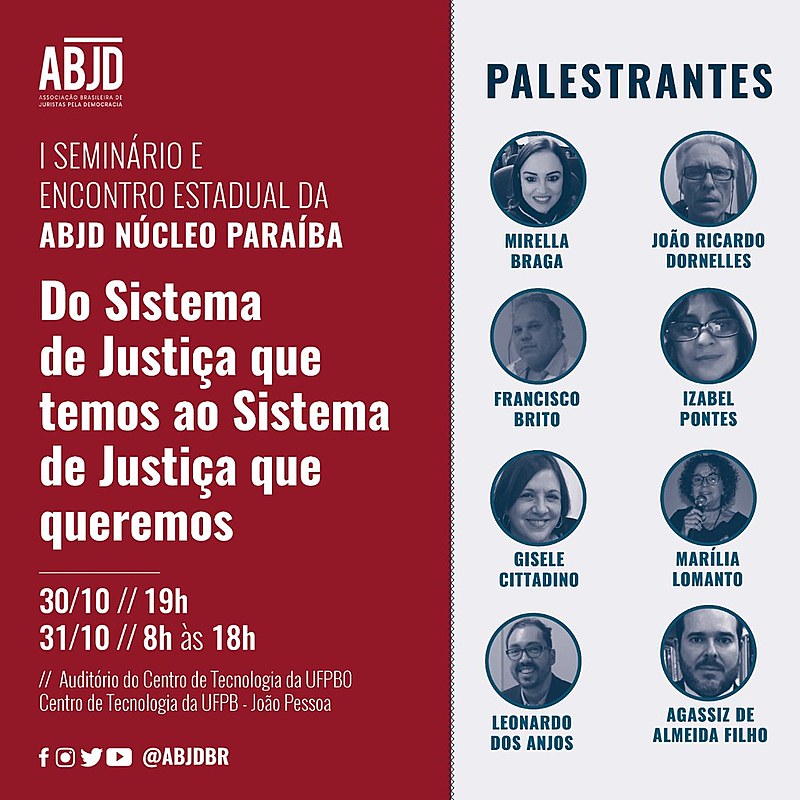 Evento será, além de seminário, o primeiro encontro estadual da ABJD, seção Paraíba.