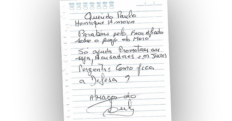 Bilhete enviado por Lula a Paulo Henrique Amorim em fevereiro deste ano