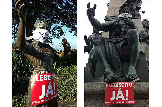 No dia 9, manifestantes cobriram o rosto de dezenas de monumentos que estariam, simbolicamente, sendo calados pelo governador Eduardo Leite.