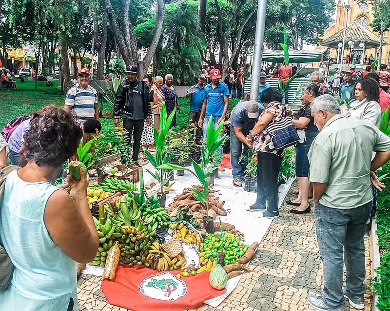 Famílias levaram toneladas de alimentos em frente ao Fórum para mostrar que o terreno gera trabalho e renda para cerca de duas mil pessoas