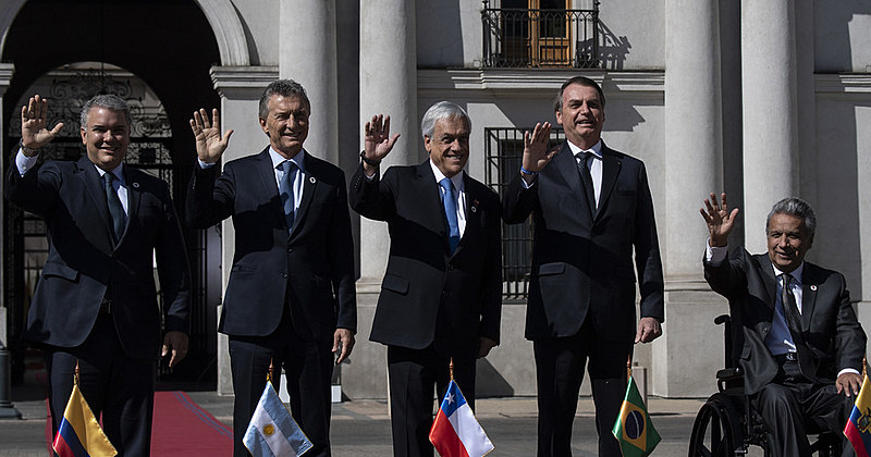 Os presidentes Iván Duque (Colômbia), Mauricio Macri (Argentina), Sebastian Piñera (Chile), Jair Bolsonaro (Brasil) e Lenin Moreno (Equador)