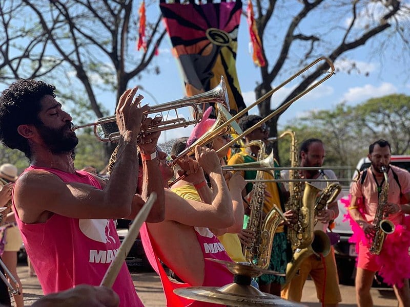 Muitas pessoas andando pela cidade carregando instrumentos de sopro, sem querer estavam parecendo uma manada