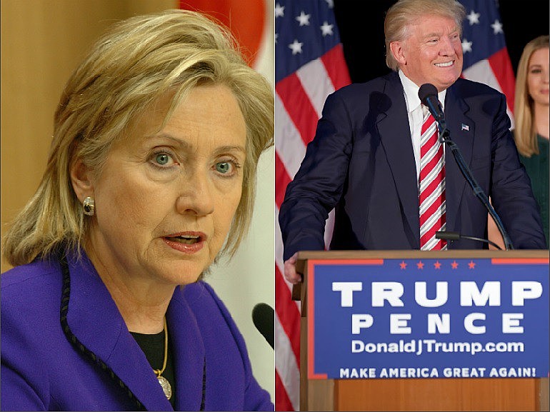 Pela última pesquisa Hillary (Esq) e Trump (Dir) estão tecniciamente empatados na expectativa de votos