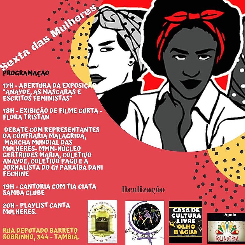 O evento acontece nesta sexta (23), na Casa de Cultura Livre Olho D´Água, na Rua Deputado Barreto Sobrinho, 344, em Tambiá, João Pessoa.