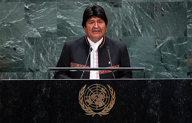 Bolivian president Evo Morales during a speech at the United Nations General Assembly