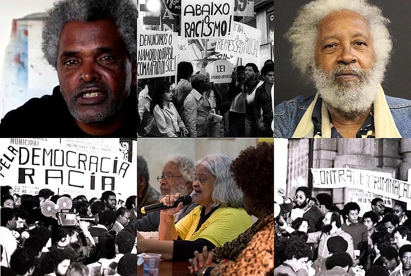 José Adão (esq.), Regina (centro) e Milton (dir.) e imagens do primeiro protesto do MNU, em 1978
