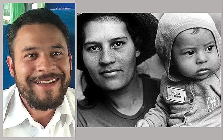 Marcos Tiaraju em foto atual em Palmeiras das Missões e de 1986, com a mãe, no assentamento Anoni
