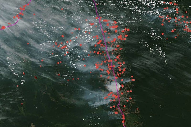 Imagem de satélite mostra centenas de focos de incêndio (assinalados com cruzes vermelhas) ao longo da BR 163