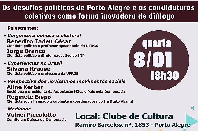 Atividade ocorre nesta quarta-feira (08), no Clube de Cultura, em Porto Alegre