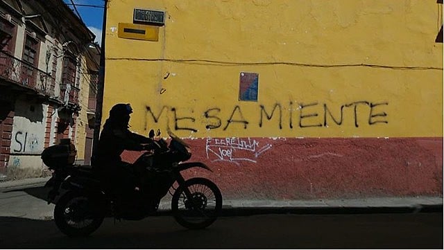 Graffiti in downtown La Paz to against the opposition candidate Carlos Mesa reads “Mesa lies”