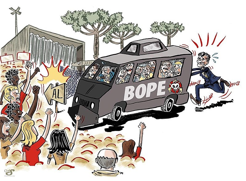 No dia 12 de fevereiro de 2015, deputados articulados com o governo Beto Richa (PSDB) na votação do “pacotaço”, entram na Assembleia Legislativa do Paraná (Alep) dentro do carro do Batalhão de Choque da PM