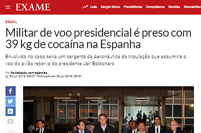 Matéria da revista Exame dando conta da “inovação” nas viagens presidenciais internacionais: 39 quilos de cocaína