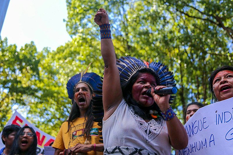 Sônia Guajajara no protesto em frente à sede do Ministério da Agricultura (Mapa), em Brasília (DF)