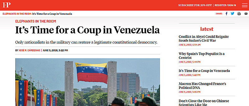 Em sua página na internet, revista que é referente na espera diplomática destaca "É hora de um golpe na Venezuela"