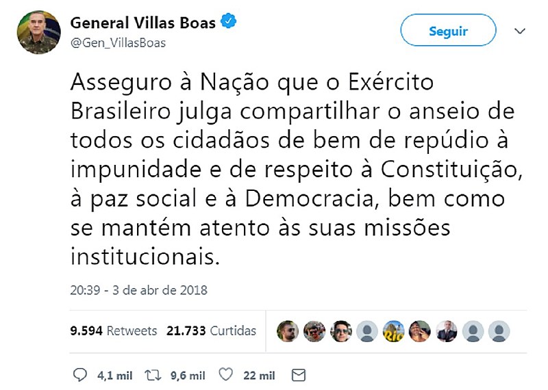 O tuíte foi divulgado pela Rede Globo dNacional na véspera do julgamento
