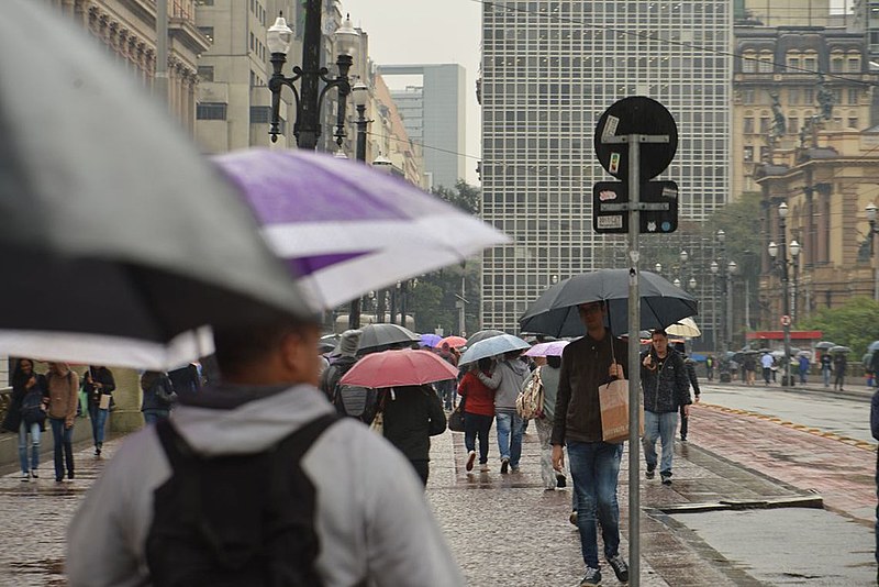 Saíamos andando por ruas do centro de São Paulo, cheias de gente a pé, e quando chovia ficava aquele mar de guarda-chuvas