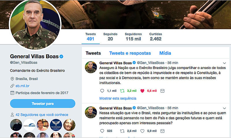 Declaração do General Villas Bôas no Twitter foi lido no final do Jornal Nacional antes do julgamento do Habeas Corpus