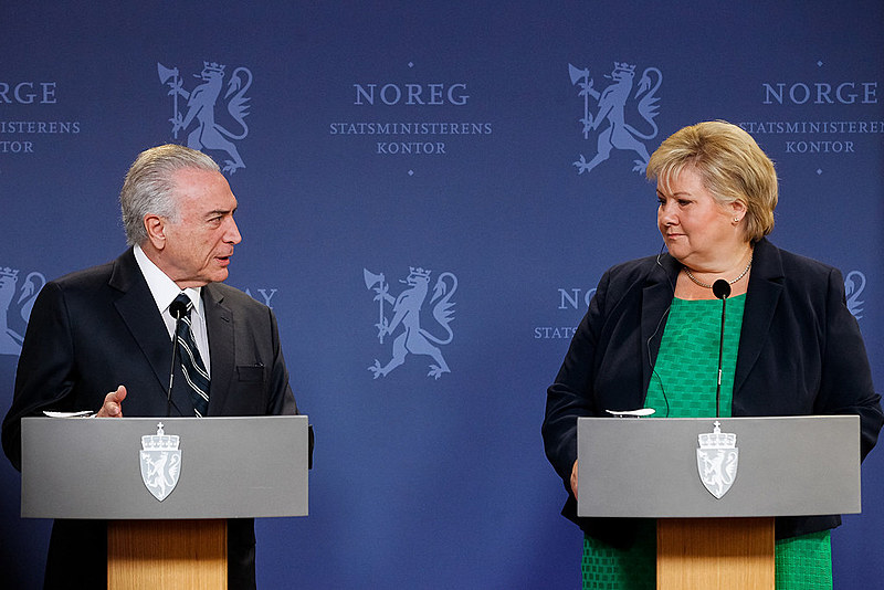 Michel Temer acompanhado da Primeira-Ministra da Noruega, Erna Solberg, em visita ao país