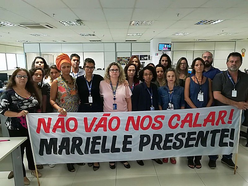 Jornalistas da EBC durante protesto contra censura à divulgação de matérias sobre caso da vereadora Marielle Franco (PSOL-RJ), em 2018