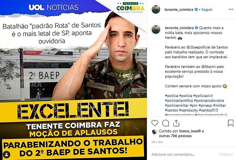 "Parabéns ao 2º BAEP de Santos pelo trabalho realizado", celebrou o parlamentar