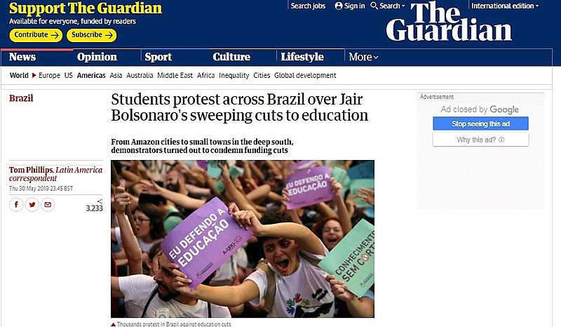 Home do jornal britânico The Guardian destaca manifestantes no Rio de Janeiro