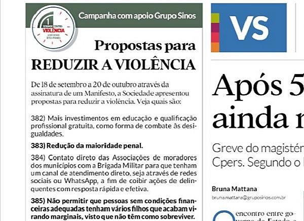 Jornal VS publicou os trechos acima numa coluna chamada "1 Segundo contra a Violência"