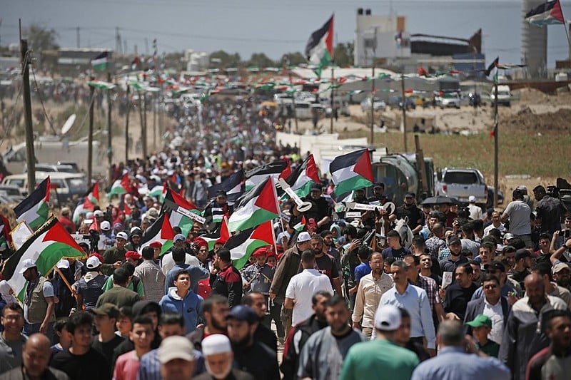 Ato na quarta (15) na Cidade de Gaza pelo 71º aniversário da Nakba, que marca o êxodo palestino provocado pela criação do Estado de Israel