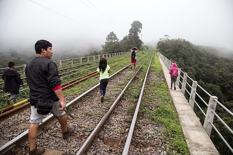 Indígenas caminham sobre a ferrovia e pedem reparação dos danos causados pela duplicação