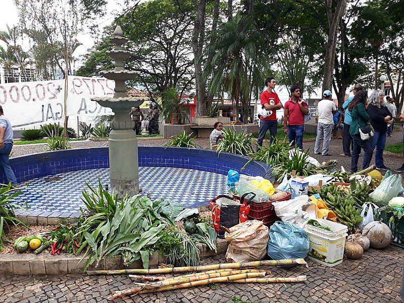Acampados levaram toneladas de alimentos em frente ao Fórum para mostrar que o terreno gera trabalho e renda