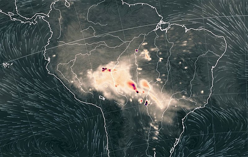 Imagem captada por satélite da Nasa mostra grande concentração de fumaça nas regiões Centro-Oeste e Norte do país