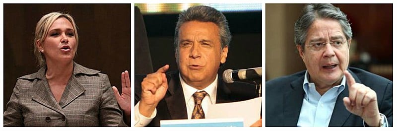 Da esquerda para direita, os candidatos Cynthia Viteri, Lenin Moreno e  Guillermo Lasso