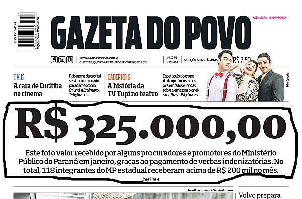 Recorte da capa do jornal Gazeta do Povo que tratou dos supersalários dos magistrados