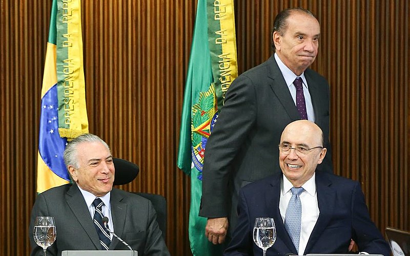 Presidente golpista, Michel Temer, ministro das Relações Exteriores, Aloysio Nunes, e ministro da Fazenda, Henrique Meirelles