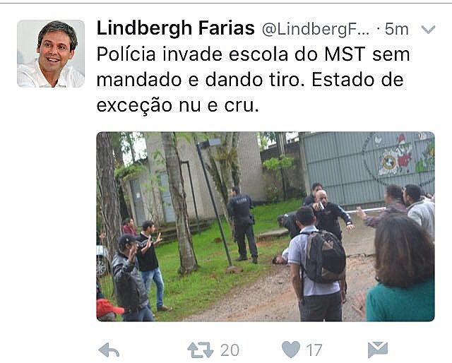 Senador Lindbergh Farias afirma no Twitter que ação é "Estado de excessão nu e cru"