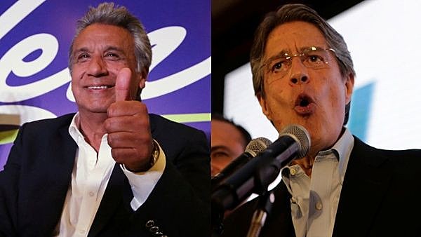 Lenín Moreno (esq) encabeça os resultados preliminares para a presidência, enquanto Guillermo Lasso (dir) está em segundo lugar