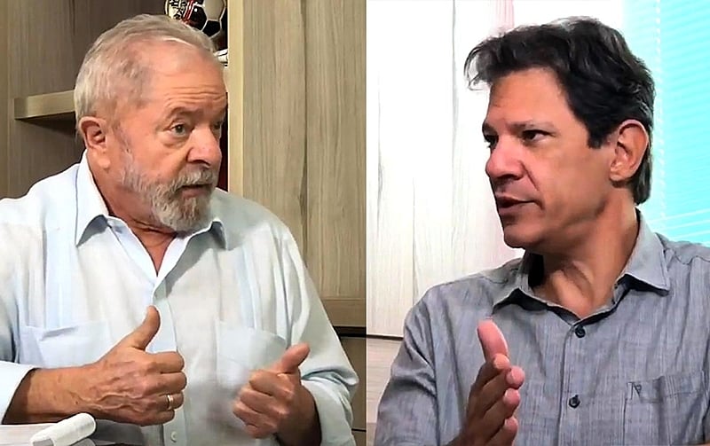 O ex-presidente Lula e Fernando Haddad durante transmissão pelo Facebook nesta quarta-feira (25)