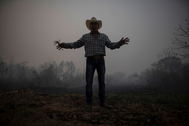 Homem mostra nesta segunda (14)  a devastação causada pelo maior incêndio já registrado no Pantanal
