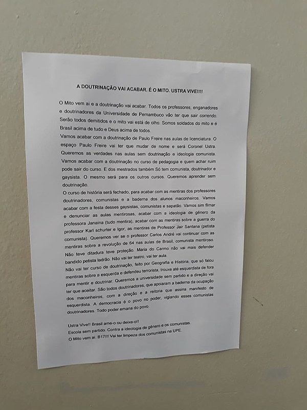 Documento foi divulgado na UPE e logo passou a circular nas redes sociais