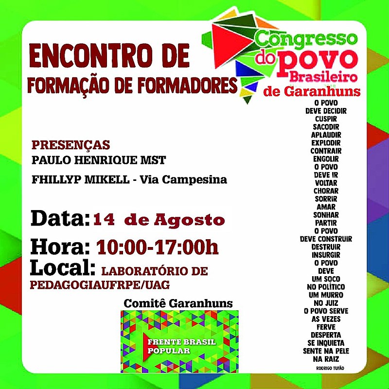 Formação preparará formadores e organizadores do Congresso do Povo