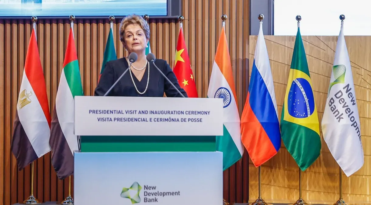 Cerimônia de posse de Dilma Rousseff como presidente do Novo Banco de Desenvolvimento, o NBD, em abril de 2023, em Xangai, na China