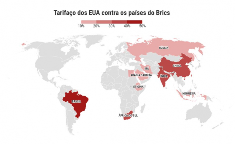 Cinco dos 11 membros do Brics estão entre os países mais taxados do mundo pelos EUA; veja mapa