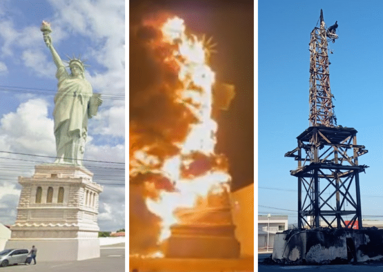 Em meio a sanções dos EUA, ‘estátua da liberdade’ da Havan é incendiada em Petrolina (PE)