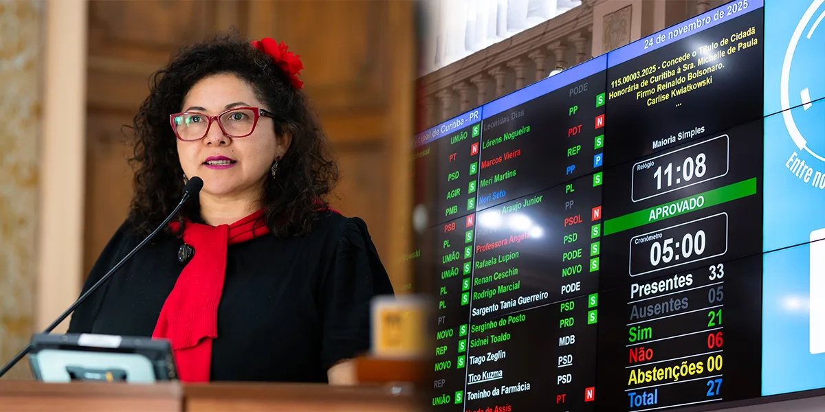 Câmara aprovou a Cidadania Honorária de Curitiba para Michelle Bolsonaro nesta segunda-feira (24).