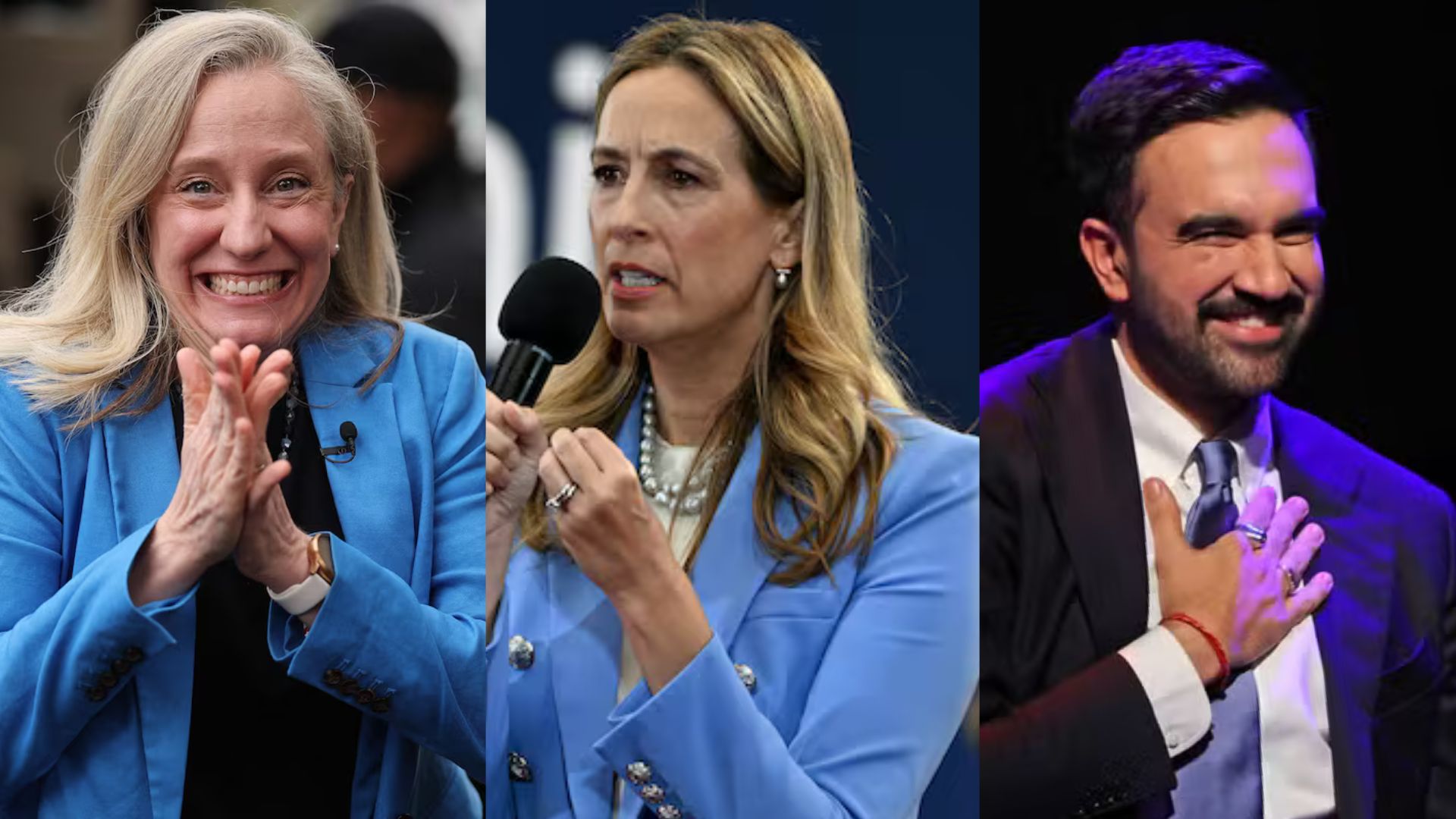 Governadoras eleitas Abigail Spanberger (Virgínia) e Mikie Sherrill (Nova Jersey) e prefeito eleito Zohran Mamdani (Nova York)
