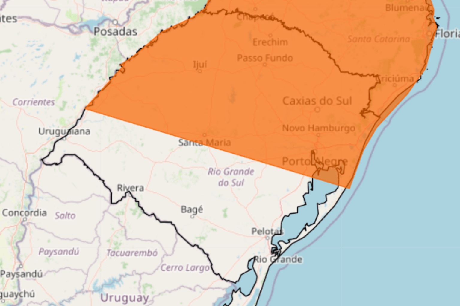 Mapa de alerta laranja para o Rio Grande do Sul do Inmet