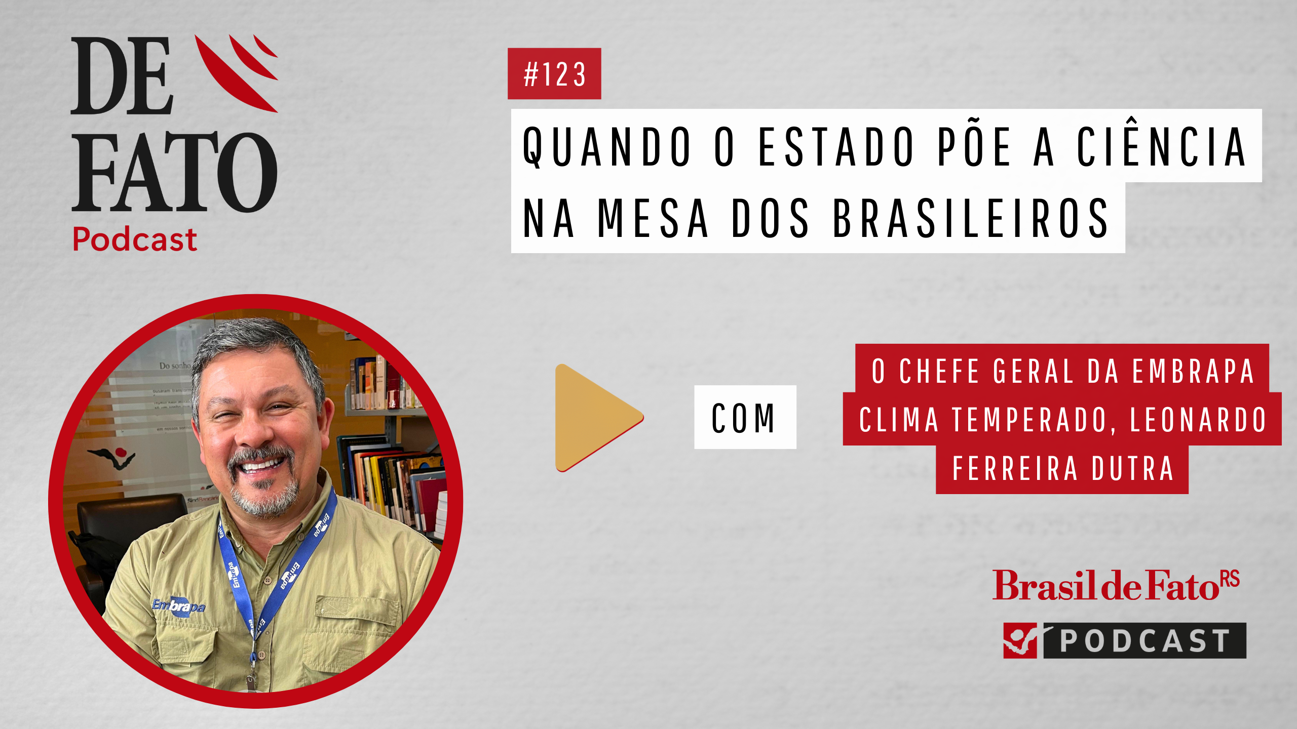 Card do podcast De Fato com o chefe geral da Embrapa Clima Temperado, Leonardo Ferreira Dutra