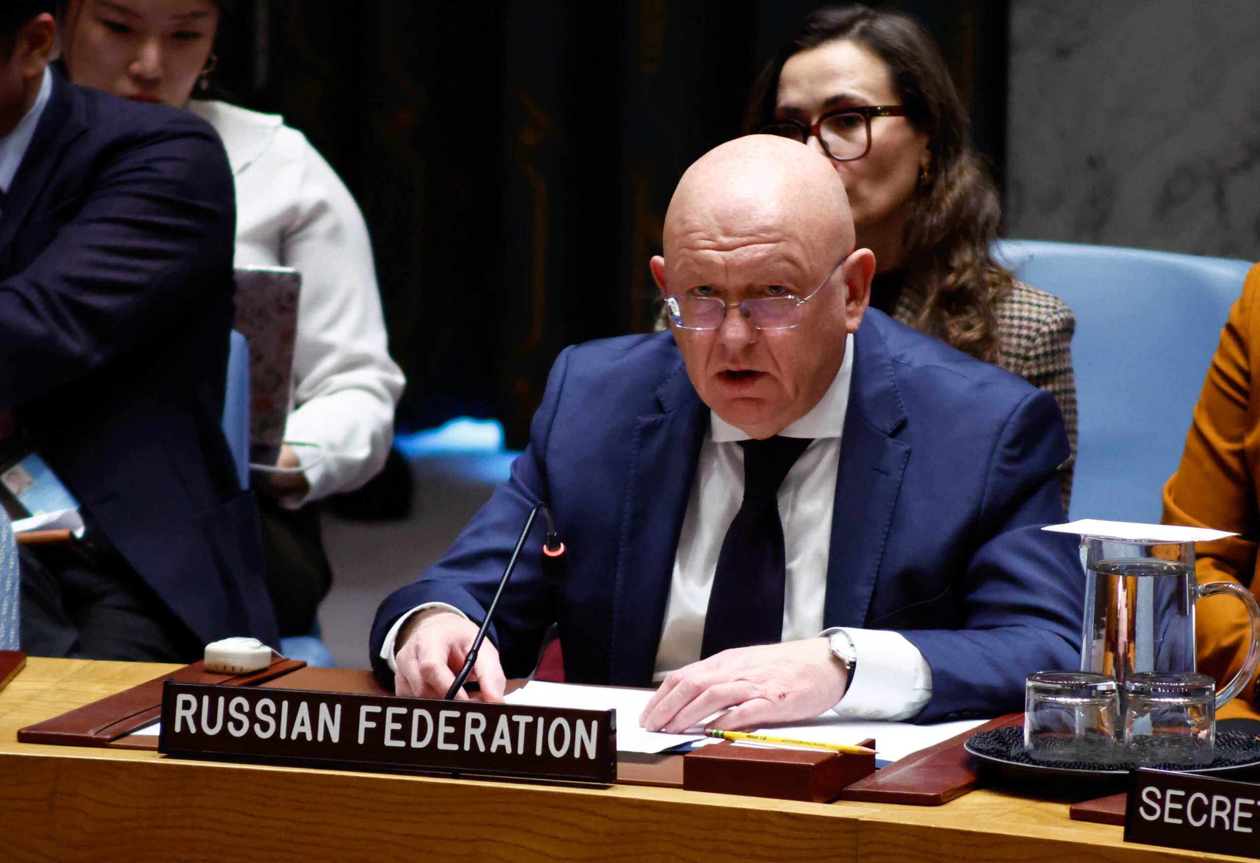 Representante permanente da Rússia na ONU, Vassily Nebenzya, discursa durante uma reunião do Conselho de Segurança da ONU