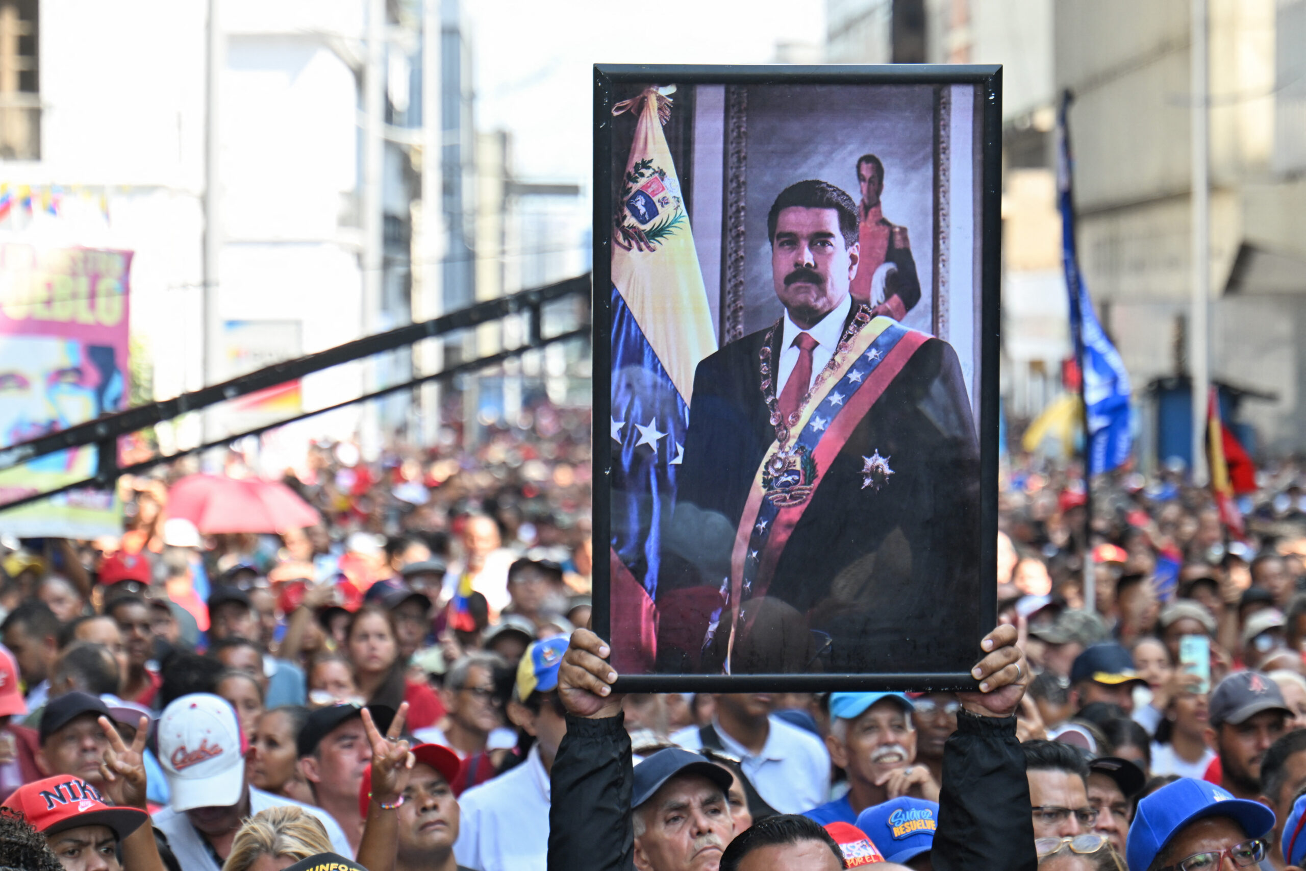 Manifestação em Caracas, na Venezuela, contra o sequestro e a prisão de Nicolás Maduro pelos Estados Unidos